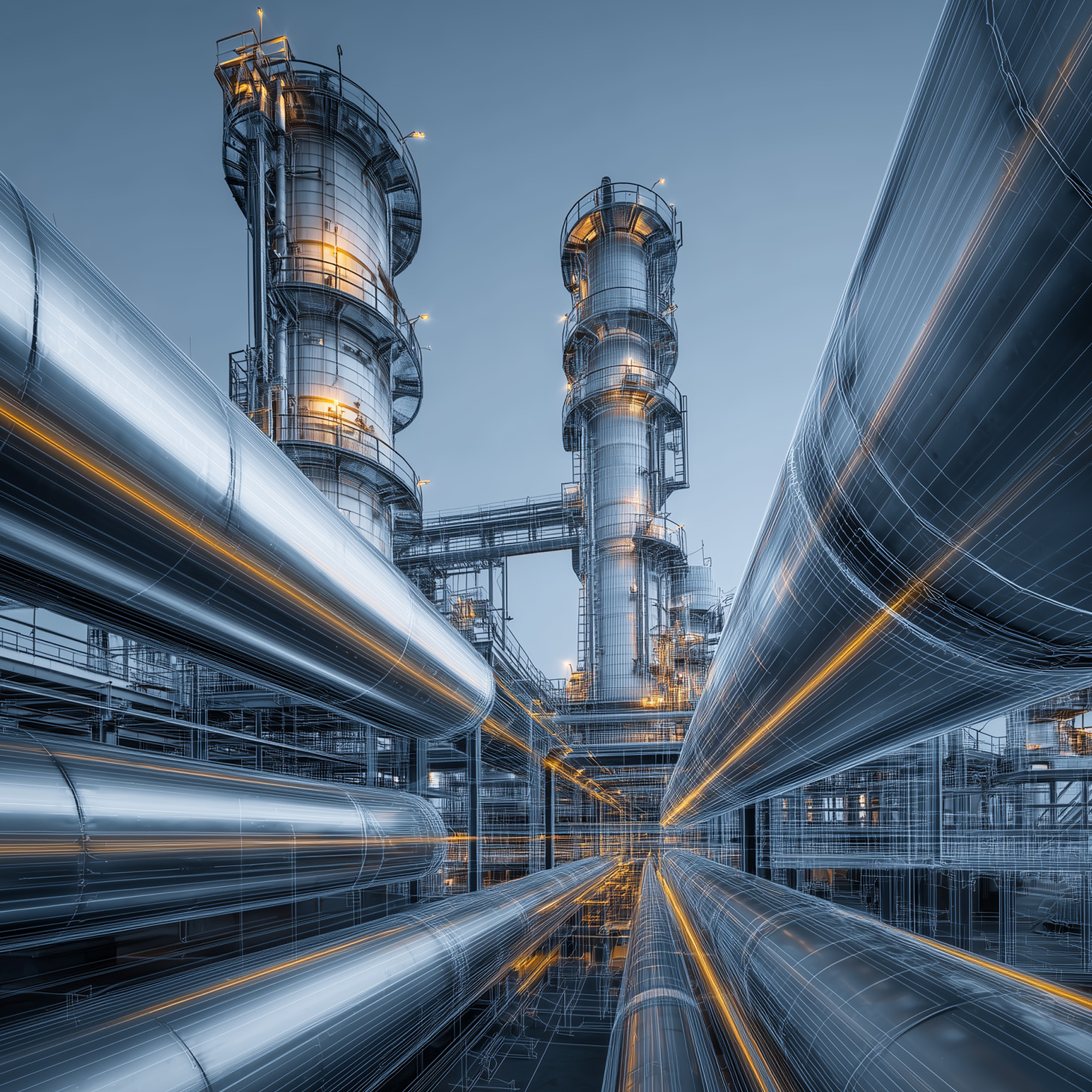 Industrial energy facility with pipelines and processing towers representing fuel infrastructure