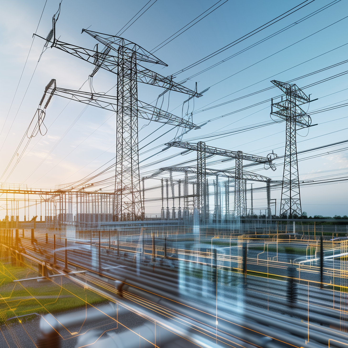 Electrical transmission towers and power lines representing large-scale energy infrastructure